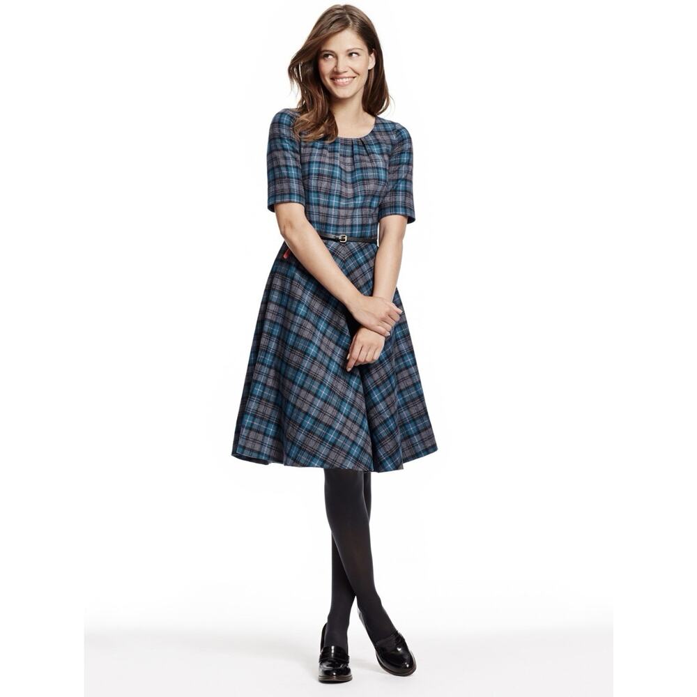 Boden Tartan Swing Dress Size 6 British Tweed by Moon Wool Plaid Blue And Gray